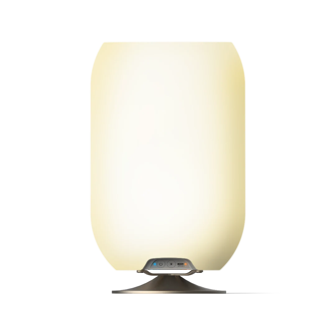 Lámpara moderna con parlante Bluetooth y luz cálida, ideal para interiores y exteriores.