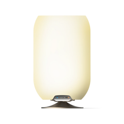 Lámpara moderna con parlante Bluetooth y luz cálida, ideal para interiores y exteriores.
