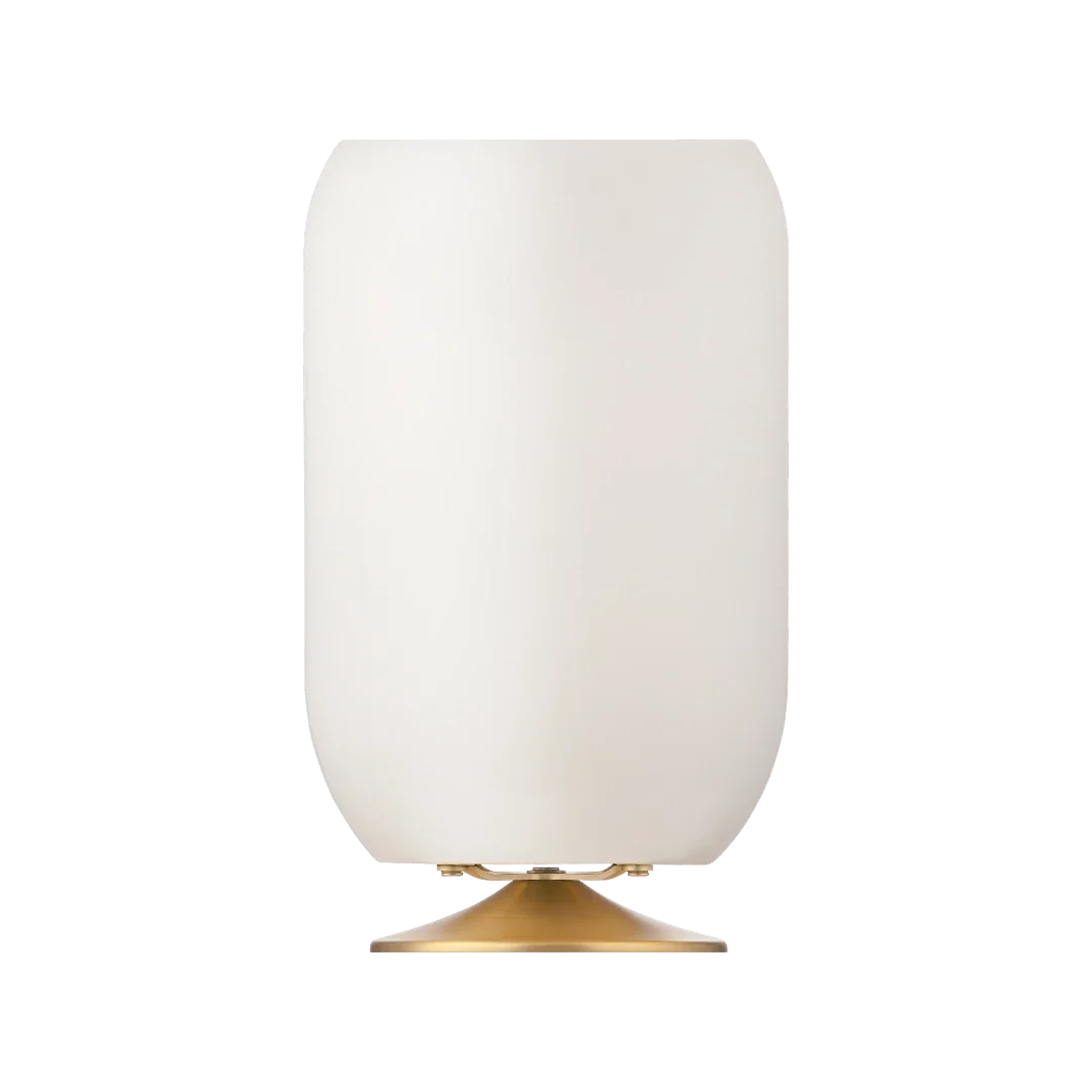 Lámpara moderna blanca con base dorada, ideal para interiores y exteriores elegantes