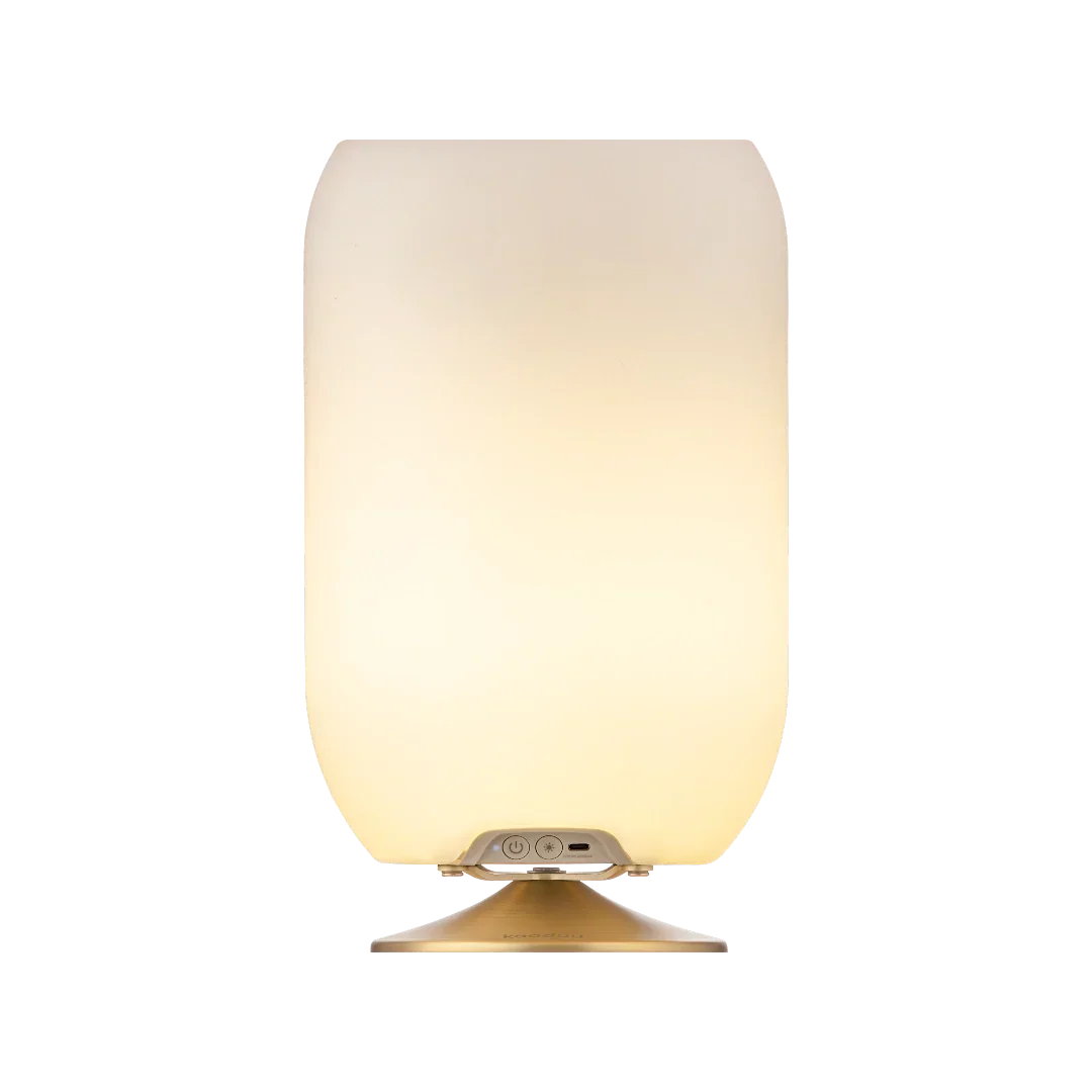 Lámpara LED diseño nórdico base dorada, luz cálida, altavoz Bluetooth integrado