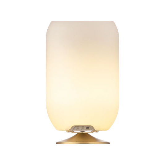Lámpara LED diseño nórdico base dorada, luz cálida, altavoz Bluetooth integrado